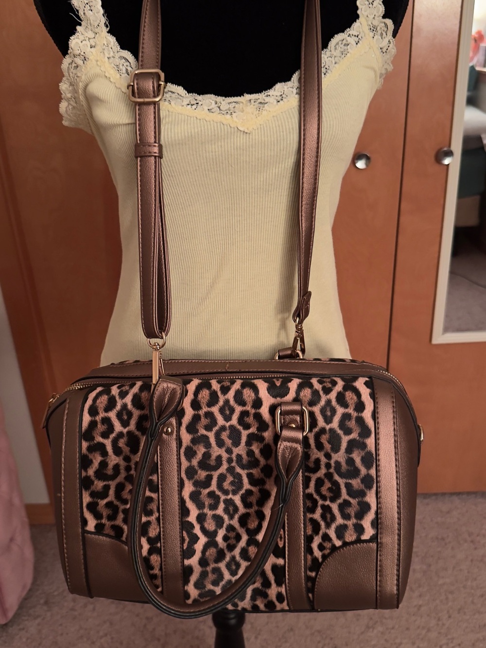 Leopard Print Satchel Handbag in Rose Gold